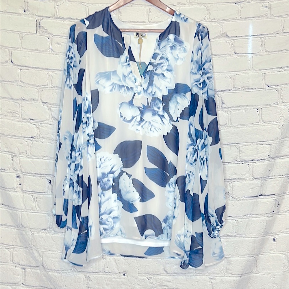 Show Me Your Mumu Blue White Floral Balloon Sleeve Dress Size Small